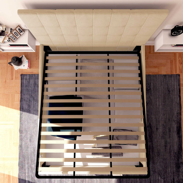 Letto contenitore una piazza e mezza in tessuto beige Baldiflex Dublino dall'alto