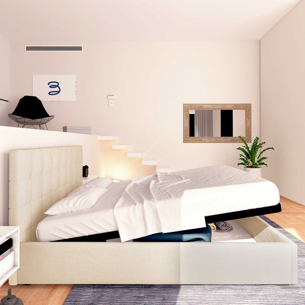 Letto contenitore una piazza e mezza in tessuto beige Baldiflex Dublino laterale