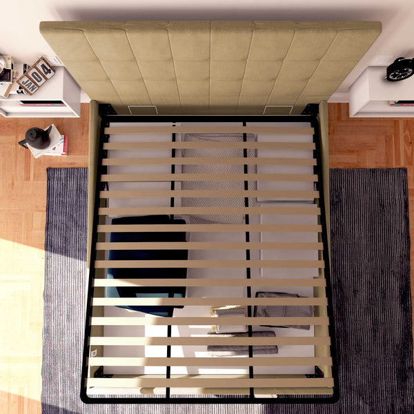 Letto contenitore una piazza e mezza in tessuto cammello Baldiflex Dublino dall'alto