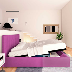 Letto contenitore una piazza e mezza in tessuto fucsia Baldiflex Dublino laterale