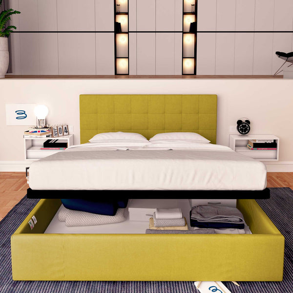 Letto contenitore una piazza e mezza in tessuto giallo senape Baldiflex Dublino fronte