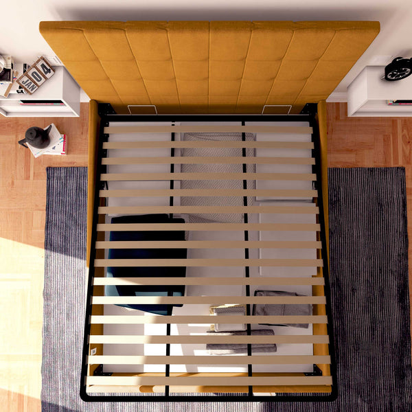 Letto contenitore una piazza e mezza in tessuto mango Baldiflex Dublino dall'alto