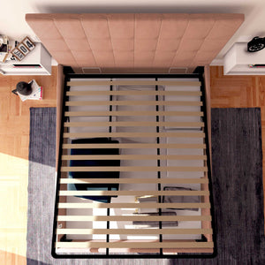 Letto contenitore una piazza e mezza in tessuto rosa antico Baldiflex Dublino dall'alto