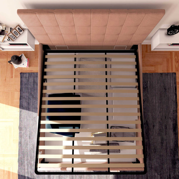 Letto contenitore una piazza e mezza in tessuto rosa antico Baldiflex Dublino dall'alto