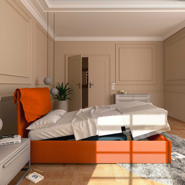 Letto contenitore una piazza e mezza in tessuto sfoderabile arancione Licia Soft Baldiflex laterale