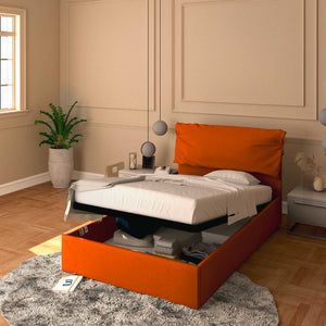Letto contenitore una piazza e mezza in tessuto sfoderabile arancione Licia Soft Baldiflex 
