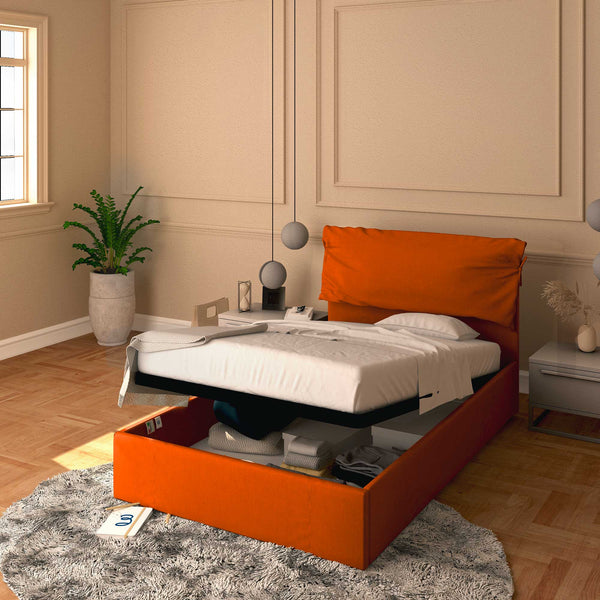 Letto contenitore una piazza e mezza in tessuto sfoderabile arancione Licia Soft Baldiflex 