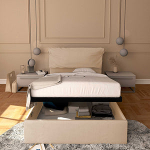 Letto contenitore una piazza e mezza in tessuto sfoderabile beige Licia Soft Baldiflex fronte