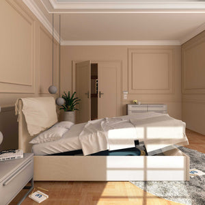 Letto contenitore una piazza e mezza in tessuto sfoderabile beige Licia Soft Baldiflex laterale
