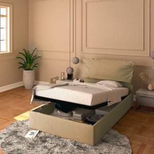 Letto contenitore una piazza e mezza in tessuto sfoderabile cammello Baldiflex Licia Soft 