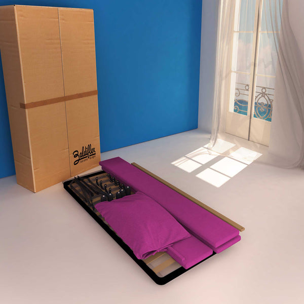 Letto contenitore una piazza e mezza in tessuto sfoderabile fucsia Baldiflex Licia Soft cartone