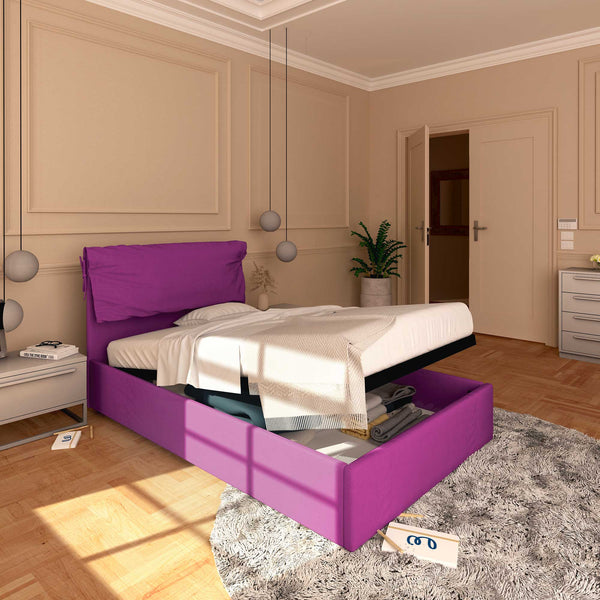 Letto contenitore una piazza e mezza in tessuto sfoderabile fucsia Baldiflex Licia Soft lato