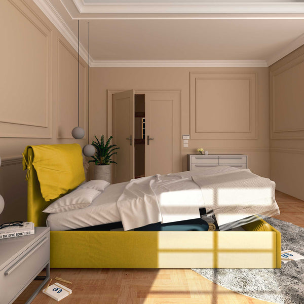 Letto contenitore una piazza e mezza in tessuto sfoderabile giallo senape Baldiflex Licia Soft laterale