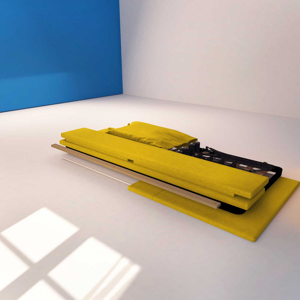 Letto contenitore una piazza e mezza in tessuto sfoderabile giallo senape Baldiflex Licia Soft struttura