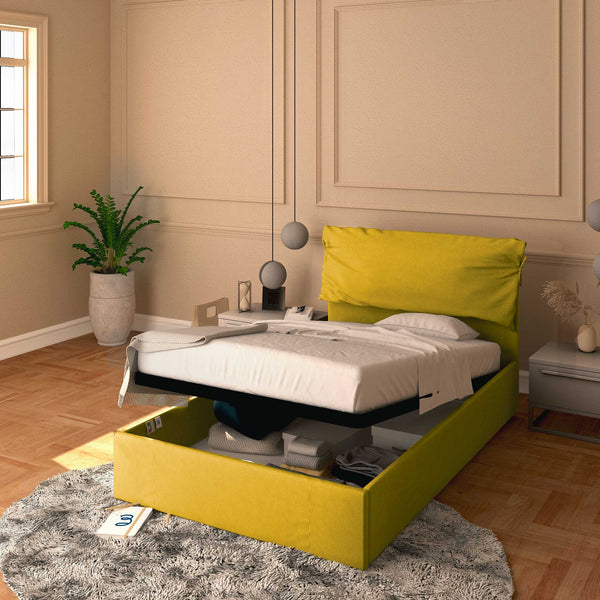 Letto contenitore una piazza e mezza in tessuto sfoderabile giallo senape Baldiflex Licia Soft 
