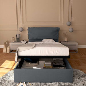 Letto contenitore una piazza e mezza in tessuto sfoderabile grigio antracite Baldiflex Licia Soft fronte