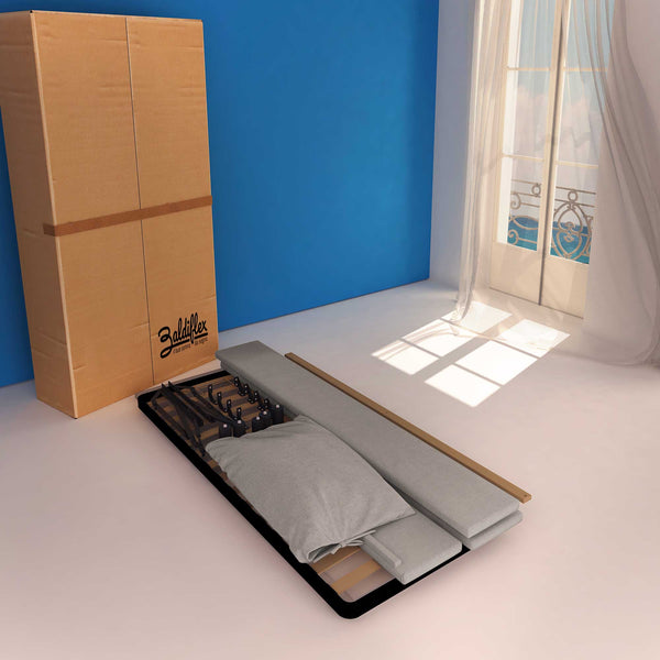 Letto contenitore una piazza e mezza in tessuto sfoderabile grigio Baldiflex Licia Soft cartone