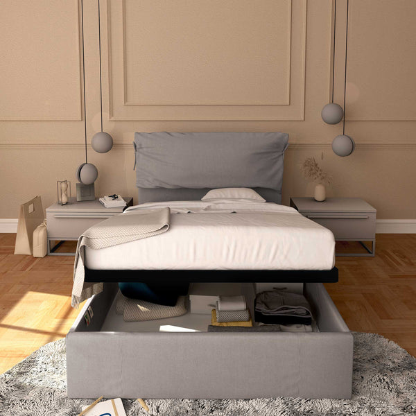 Letto contenitore una piazza e mezza in tessuto sfoderabile grigio Baldiflex Licia Soft fronte
