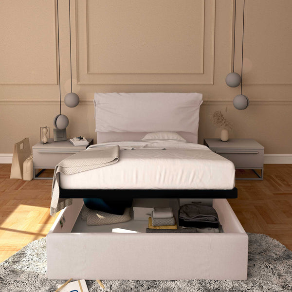 Letto contenitore una piazza e mezza in tessuto sfoderabile grigio chiaro Baldiflex Licia Soft fronte