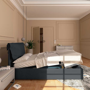 Letto contenitore una piazza e mezza in tessuto sfoderabile grigio grafite Baldiflex Licia Soft laterale