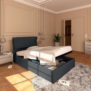 Letto contenitore una piazza e mezza in tessuto sfoderabile grigio grafite Baldiflex Licia Soft lato