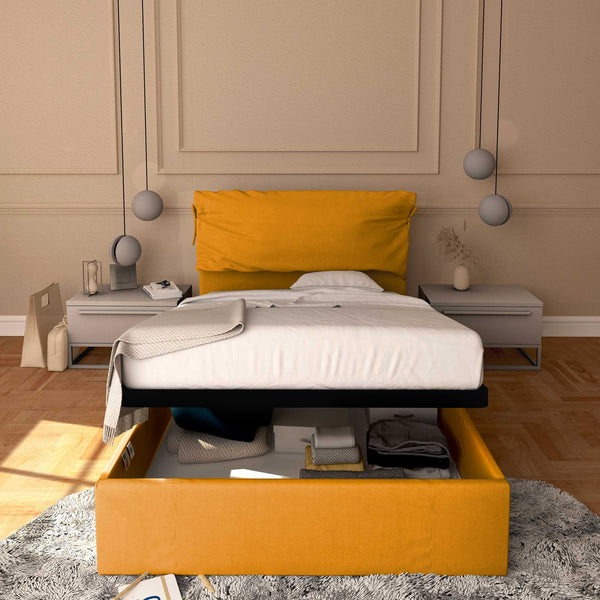 Letto contenitore una piazza e mezza in tessuto sfoderabile mango Baldiflex Licia Soft fronte