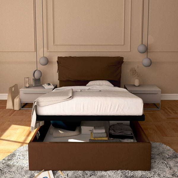 Letto contenitore una piazza e mezza in tessuto sfoderabile marrone Baldiflex Licia Soft fronte