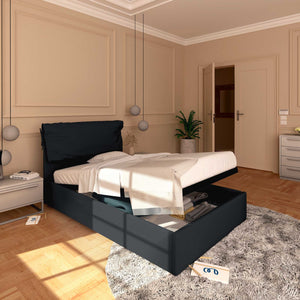 Letto contenitore una piazza e mezza in tessuto sfoderabile nero Baldiflex Licia Soft lato