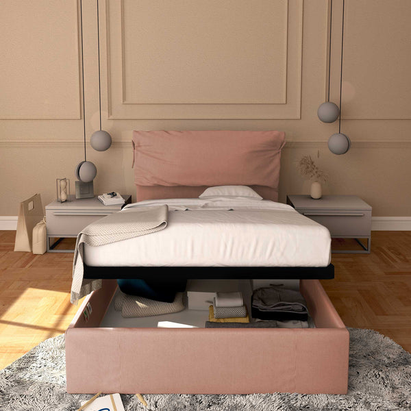 Letto contenitore una piazza e mezza in tessuto sfoderabile rosa antico Baldiflex Licia Soft fronte