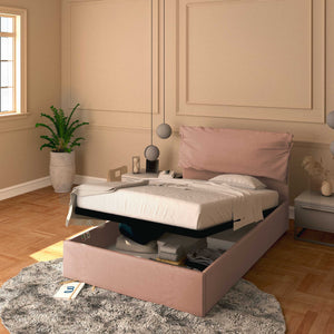 Letto contenitore una piazza e mezza in tessuto sfoderabile rosa antico Baldiflex Licia Soft 