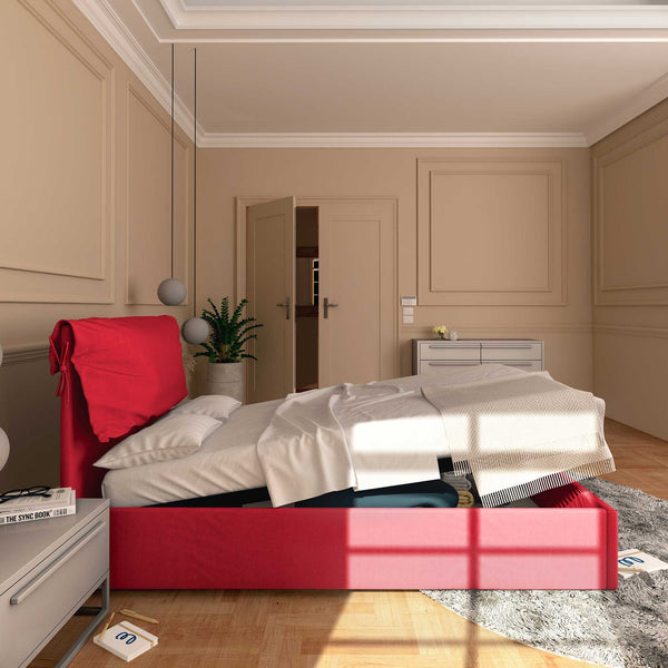 Letto contenitore una piazza e mezza in tessuto sfoderabile rosso Baldiflex Licia Soft laterale