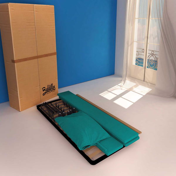 Letto contenitore una piazza e mezza in tessuto sfoderabile turchese Baldiflex Licia Soft cartone