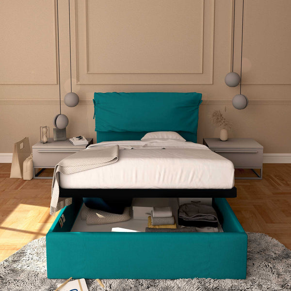 Letto contenitore una piazza e mezza in tessuto sfoderabile turchese Baldiflex Licia Soft fronte
