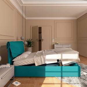 Letto contenitore una piazza e mezza in tessuto sfoderabile turchese Baldiflex Licia Soft laterale