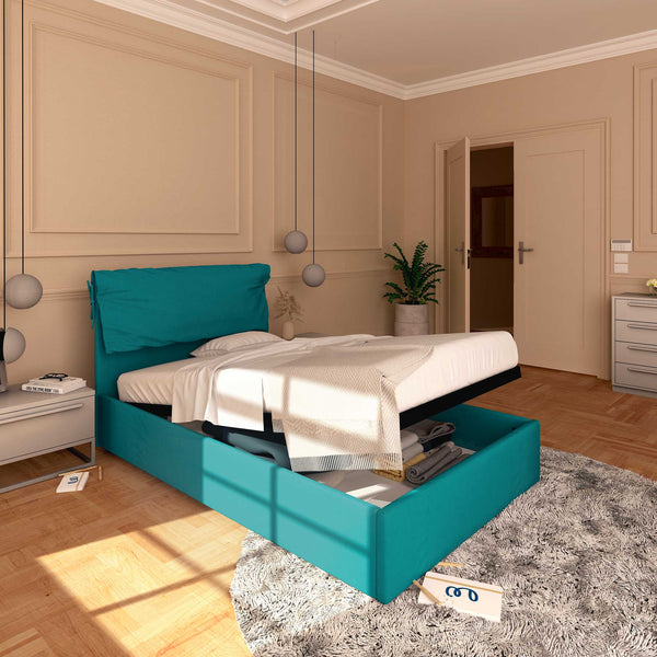Letto contenitore una piazza e mezza in tessuto sfoderabile turchese Baldiflex Licia Soft lato