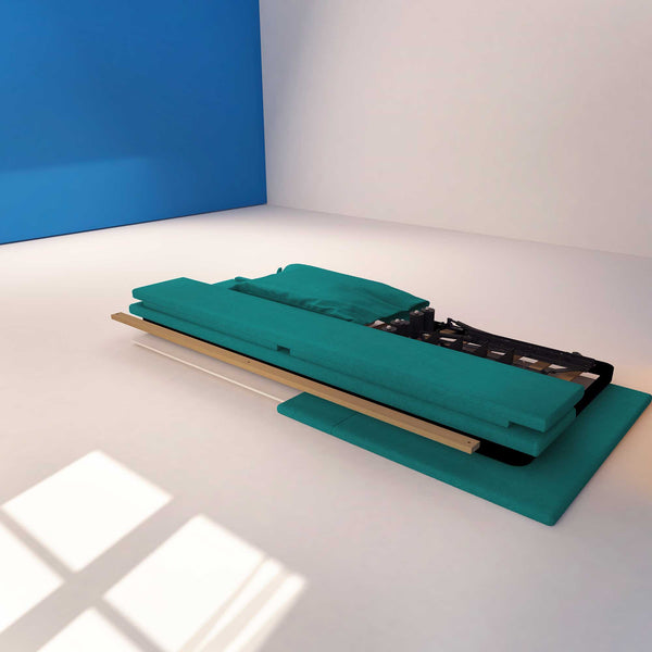 Letto contenitore una piazza e mezza in tessuto sfoderabile turchese Baldiflex Licia Soft struttura