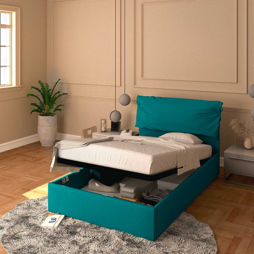 Letto contenitore una piazza e mezza in tessuto sfoderabile turchese Baldiflex Licia Soft 