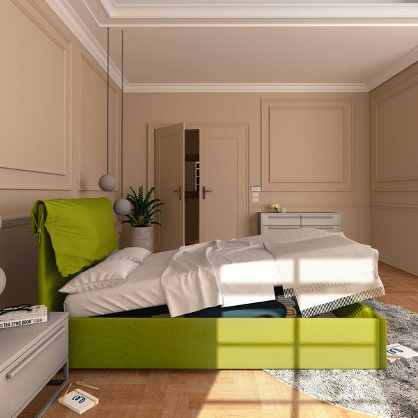 Letto contenitore una piazza e mezza in tessuto sfoderabile verde Baldiflex Licia Soft laterale