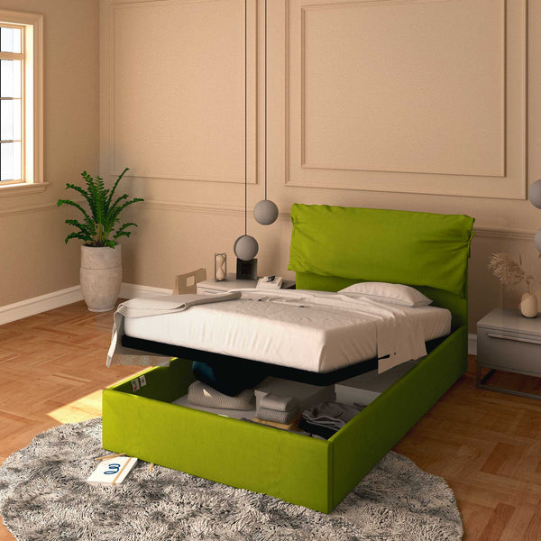 Letto contenitore una piazza e mezza in tessuto sfoderabile verde Baldiflex Licia Soft 