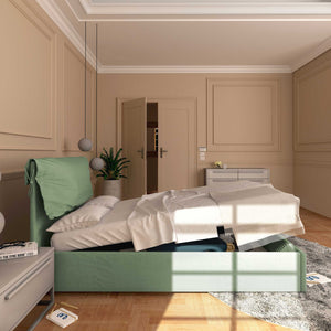 Letto contenitore una piazza e mezza in tessuto sfoderabile verde menta Baldiflex Licia Soft laterale