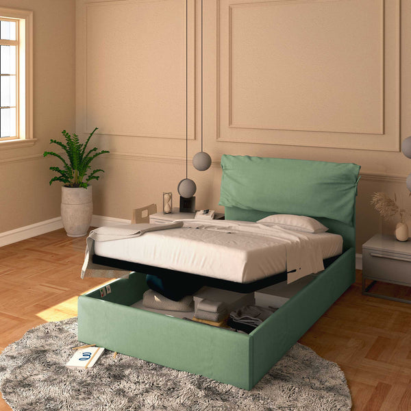 Letto contenitore una piazza e mezza in tessuto sfoderabile verde menta Baldiflex Licia Soft 