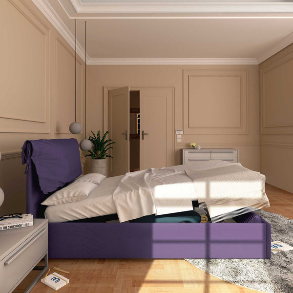 Letto contenitore una piazza e mezza in tessuto sfoderabile viola Baldiflex Licia Soft laterale