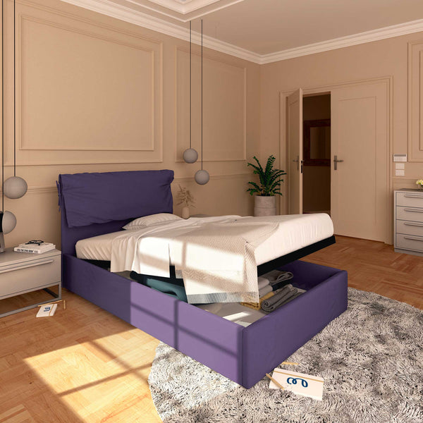 Letto contenitore una piazza e mezza in tessuto sfoderabile viola Baldiflex Licia Soft lato