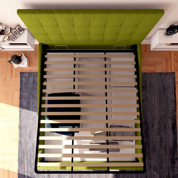 Letto contenitore una piazza e mezza in tessuto verde Baldiflex Dublino dall'alto