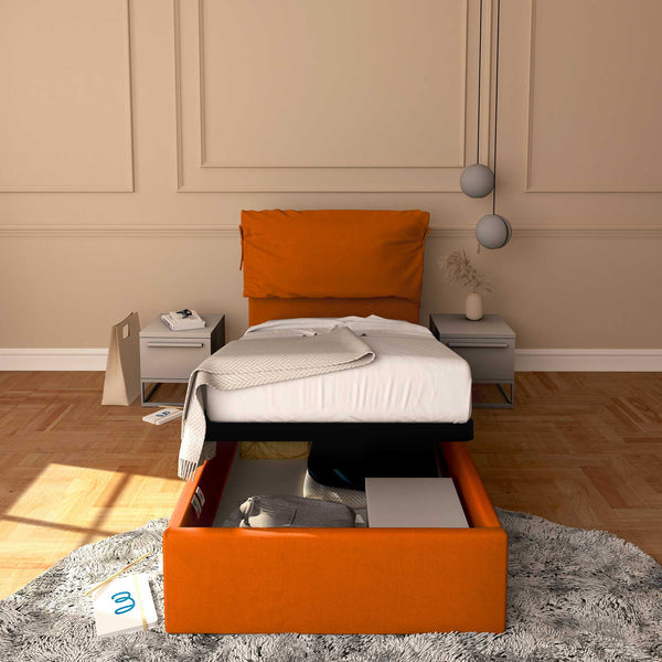 Letto contenitore singolo in ecopelle sfoderabile arancione Baldiflex Licia Soft fronte