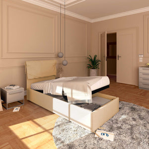 Letto contenitore singolo in ecopelle sfoderabile beige Baldiflex Licia Soft lato