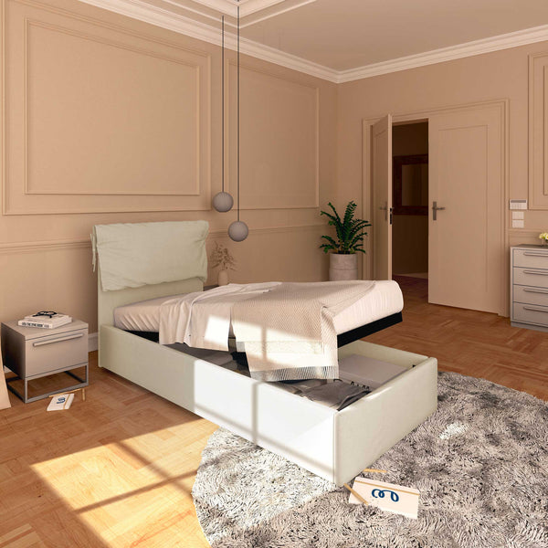 Letto contenitore singolo in ecopelle sfoderabile beige chiaro Baldiflex Licia Soft lato