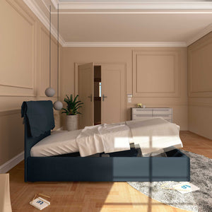 Letto contenitore singolo in ecopelle sfoderabile blu notte Baldiflex Licia Soft laterale