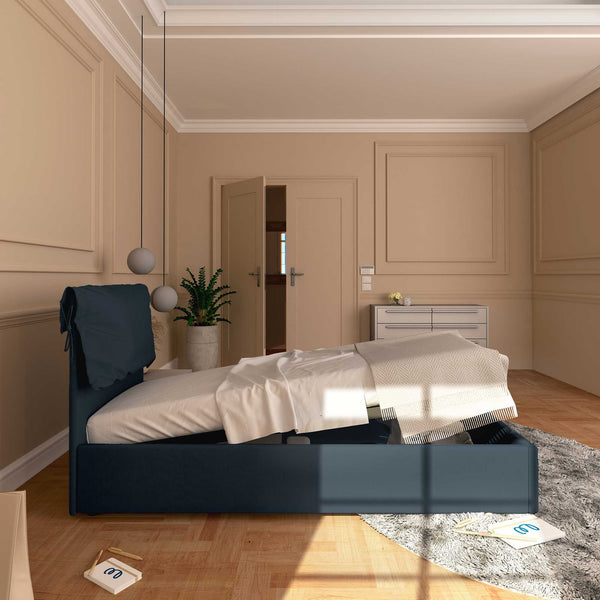 Letto contenitore singolo in ecopelle sfoderabile blu notte Baldiflex Licia Soft laterale