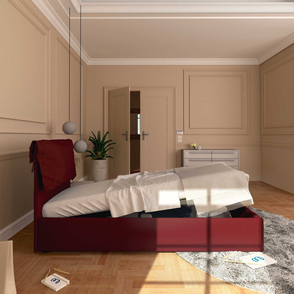 Letto contenitore singolo in ecopelle sfoderabile bordeaux Baldiflex Licia Soft laterale
